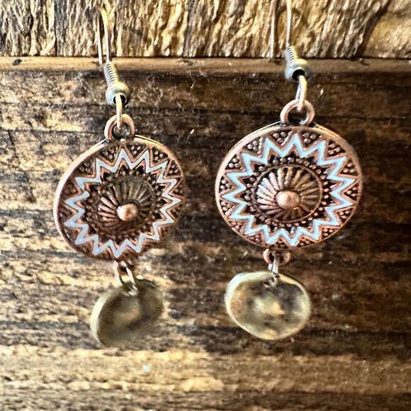 Boho Hippie Western Delicate Copper Sunshine Drop Wire Earrings, Gift Box - Picture 2 of 7